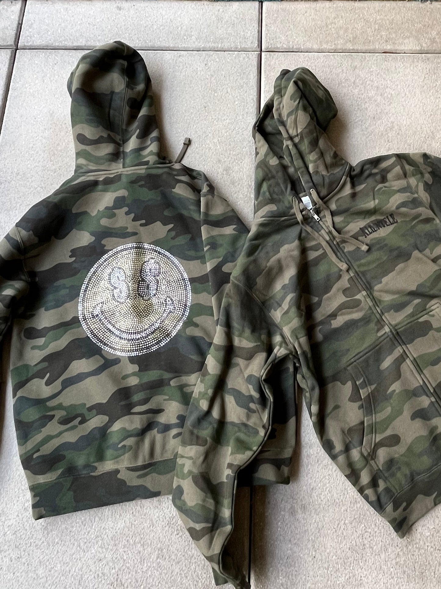 Smiley Rhinestone Zip Up (Camo)